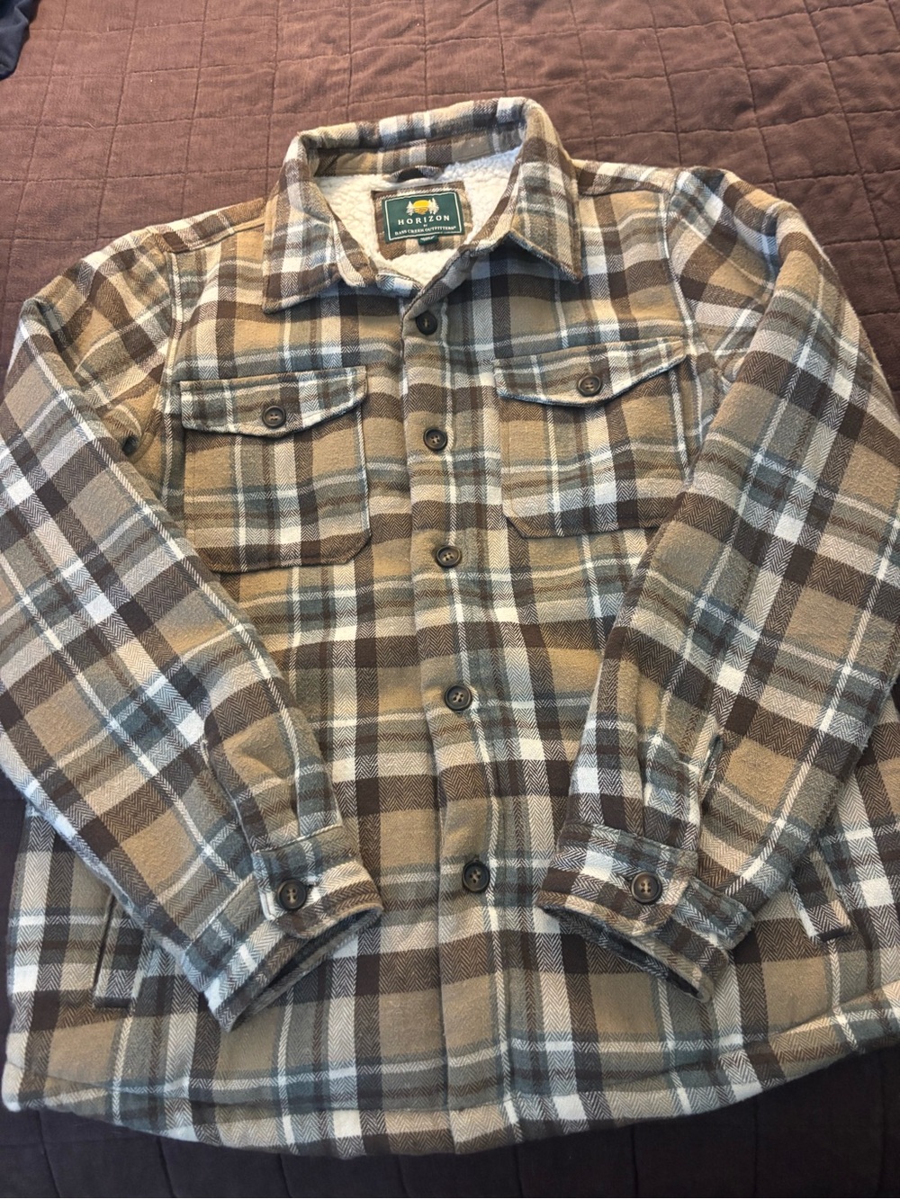 Horizon Plaid Sherpa-Lined Flannel Jacket - Brown/Gray/White